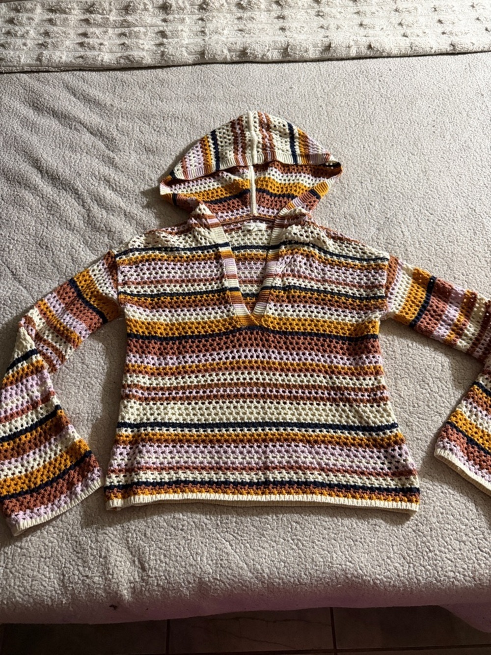 Cleo & Wolf Striped Crochet V-Neck Hooded Sweater in Cream, Pink & Mustard Small